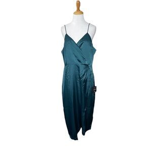 Lulu's Quite Likely Dark Teal Satin Asymmetrical Midi Dress Size XL NWT New